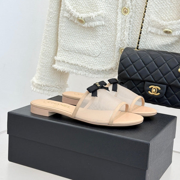 Chanel  26C Double C Bow Slippers Beige in Mesh 615708