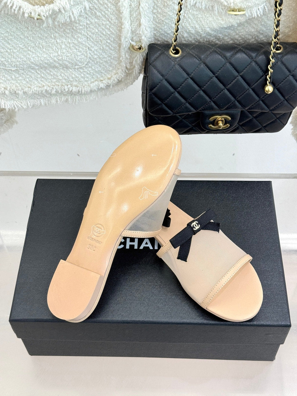 Chanel  26C Double C Bow Slippers Beige in Mesh 615708