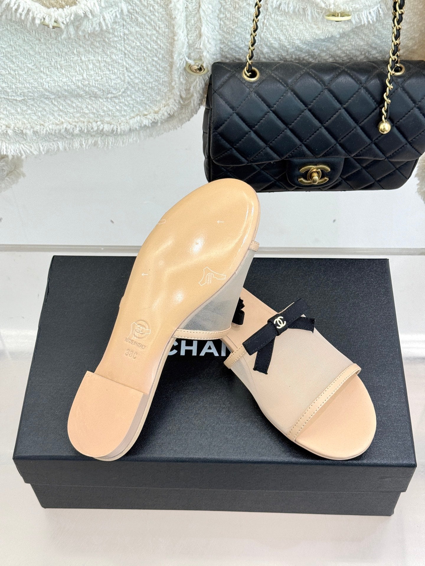 Chanel  26C Double C Bow Slippers Beige in Mesh 615708