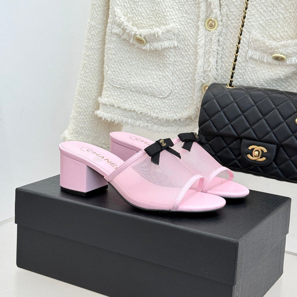 Chanel  26C Double C Bow Slippers High Heel Pink in Mesh 615706