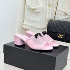 Chanel  26C Double C Bow Slippers High Heel Pink in Mesh 615706