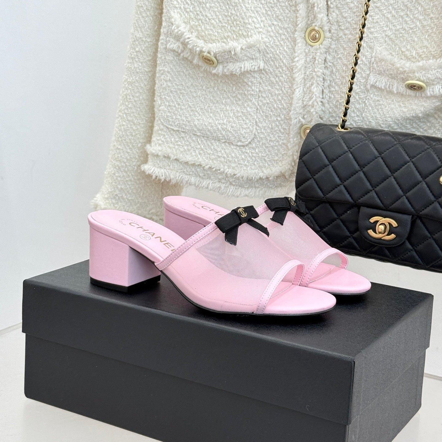 Chanel  26C Double C Bow Slippers High Heel Pink in Mesh 615706