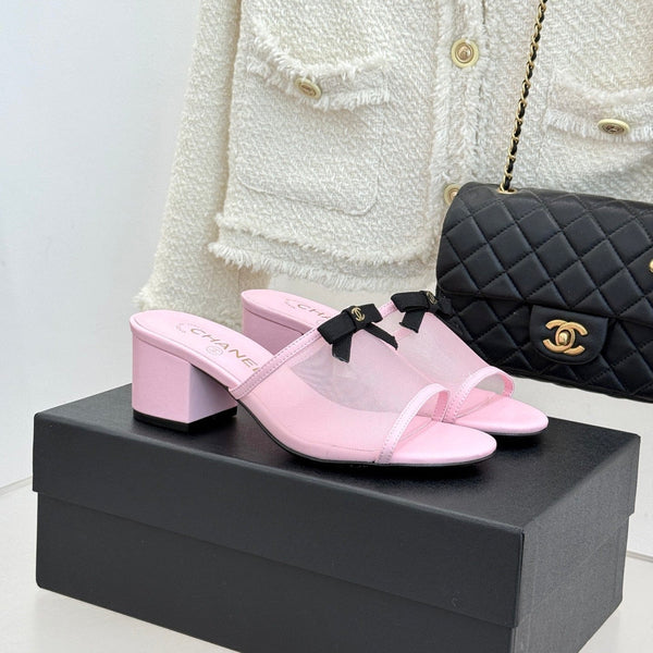 Chanel  26C Double C Bow Slippers High Heel Pink in Mesh 615706