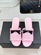 Chanel  26C Double C Bow Slippers High Heel Pink in Mesh 615706