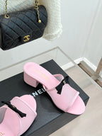 Chanel  26C Double C Bow Slippers High Heel Pink in Mesh 615706