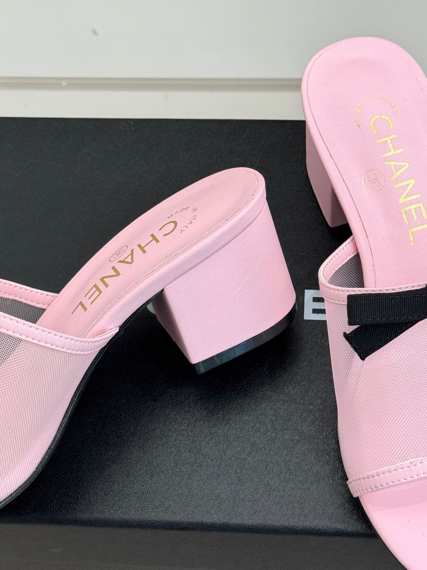 Chanel  26C Double C Bow Slippers High Heel Pink in Mesh 615706