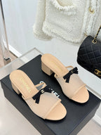 Chanel  26C Double C Bow Slippers High Heel Beige in Mesh 615705