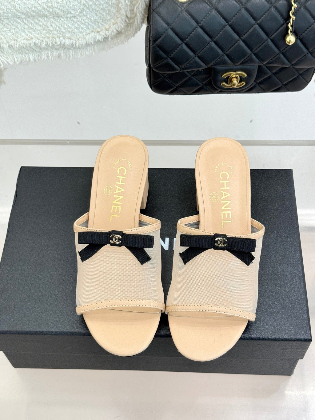 Chanel  26C Double C Bow Slippers High Heel Beige in Mesh 615705