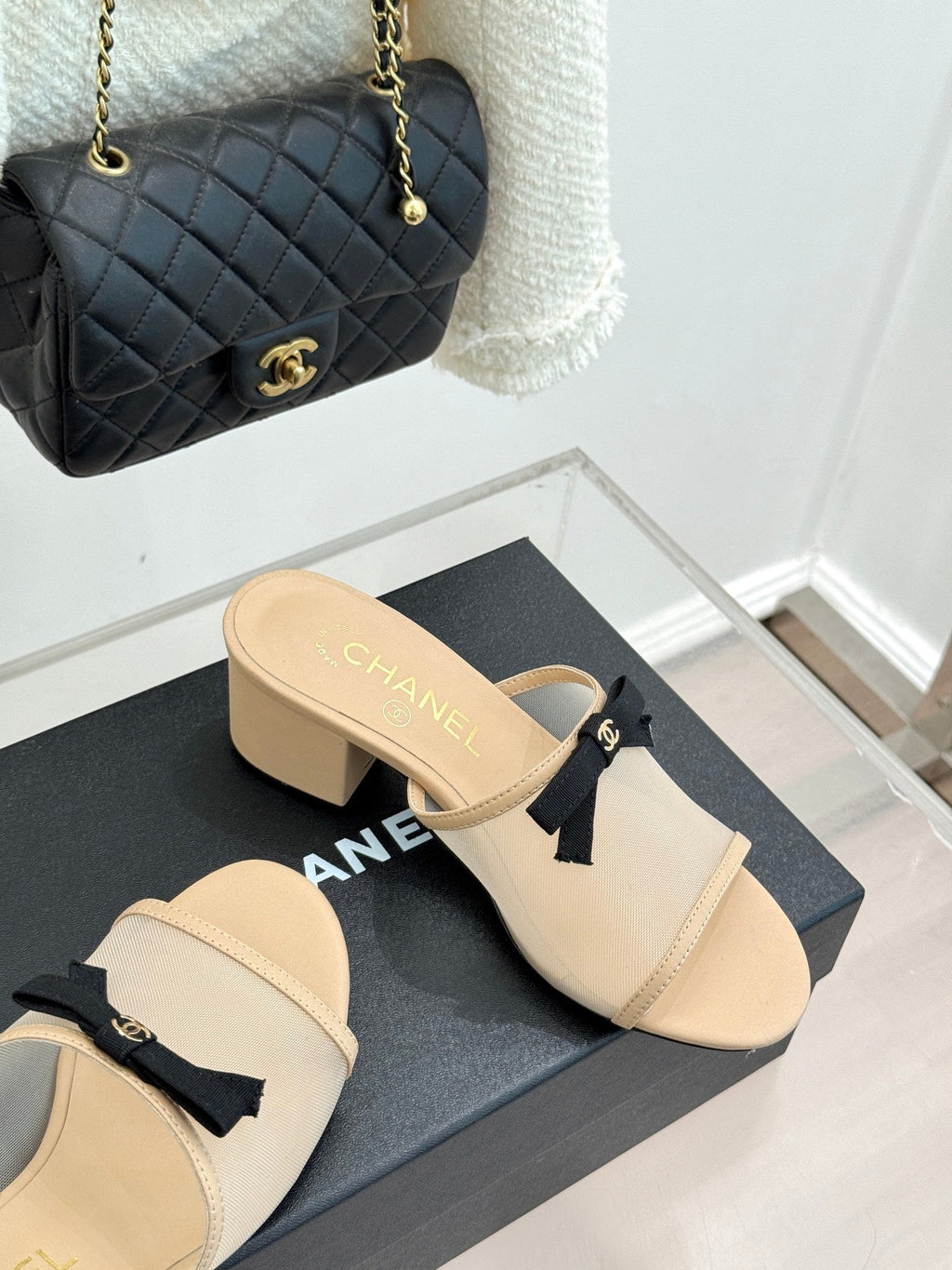 Chanel  26C Double C Bow Slippers High Heel Beige in Mesh 615705