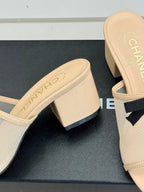 Chanel  26C Double C Bow Slippers High Heel Beige in Mesh 615705