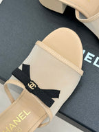 Chanel  26C Double C Bow Slippers High Heel Beige in Mesh 615705