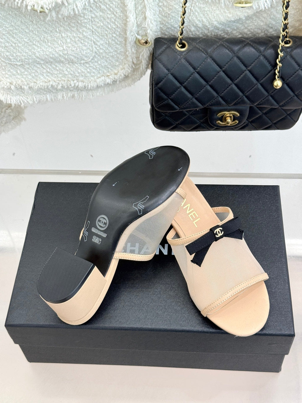Chanel  26C Double C Bow Slippers High Heel Beige in Mesh 615705
