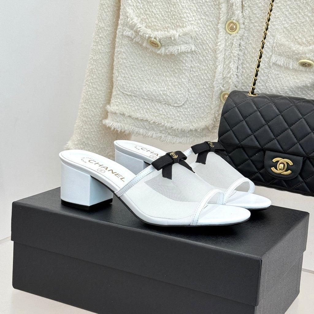 Chanel  26C Double C Bow Slippers High Heel White in Mesh 615704