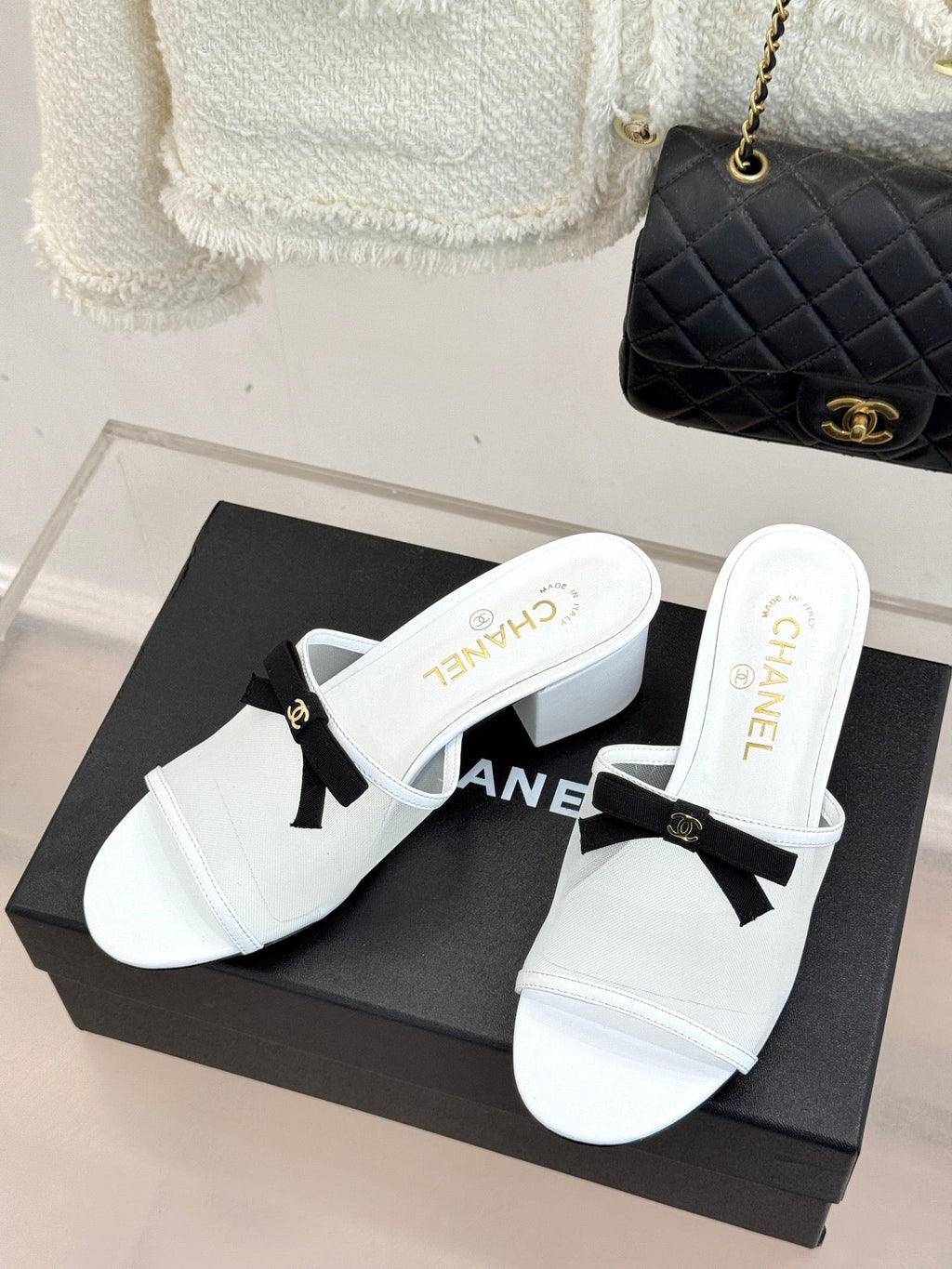 Chanel  26C Double C Bow Slippers High Heel White in Mesh 615704