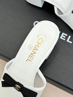 Chanel  26C Double C Bow Slippers High Heel White in Mesh 615704