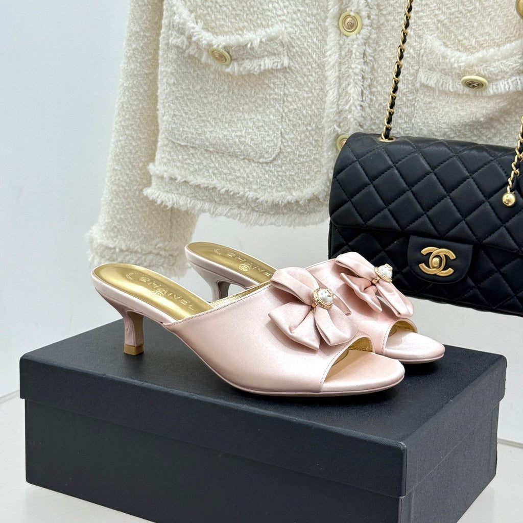 CC 26s Bow Slippers High Heel 35mm Pink Satin Sheepskin 615749