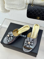 CC 26s Bow Slippers High Heel 35mm Dark Silver Metallic Satin Sheepskin 615747