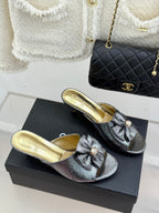 CC 26s Bow Slippers High Heel 35mm Dark Silver Metallic Satin Sheepskin 615747