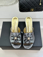 CC 26s Bow Slippers High Heel 35mm Dark Silver Metallic Satin Sheepskin 615747