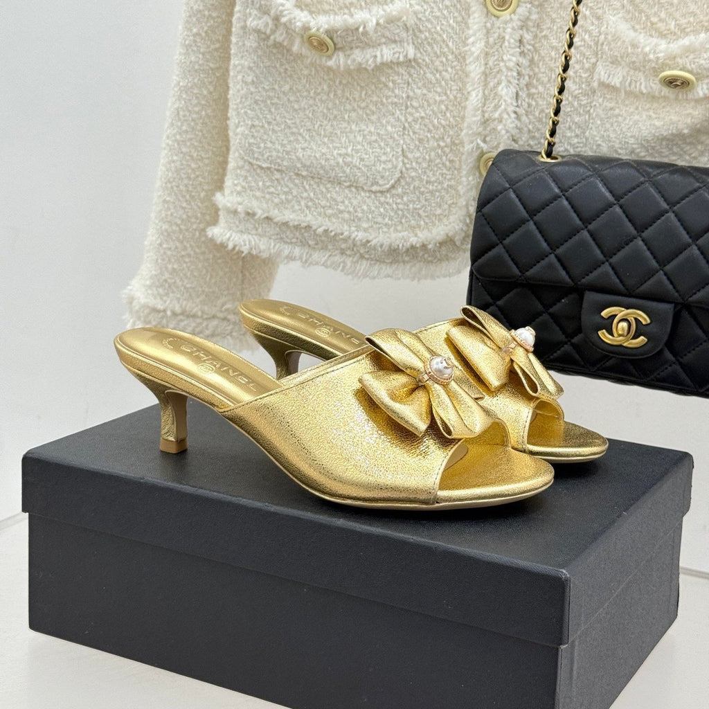 CC 26s Bow Slippers High Heel 35mm Gold Metallic Satin Sheepskin 615746