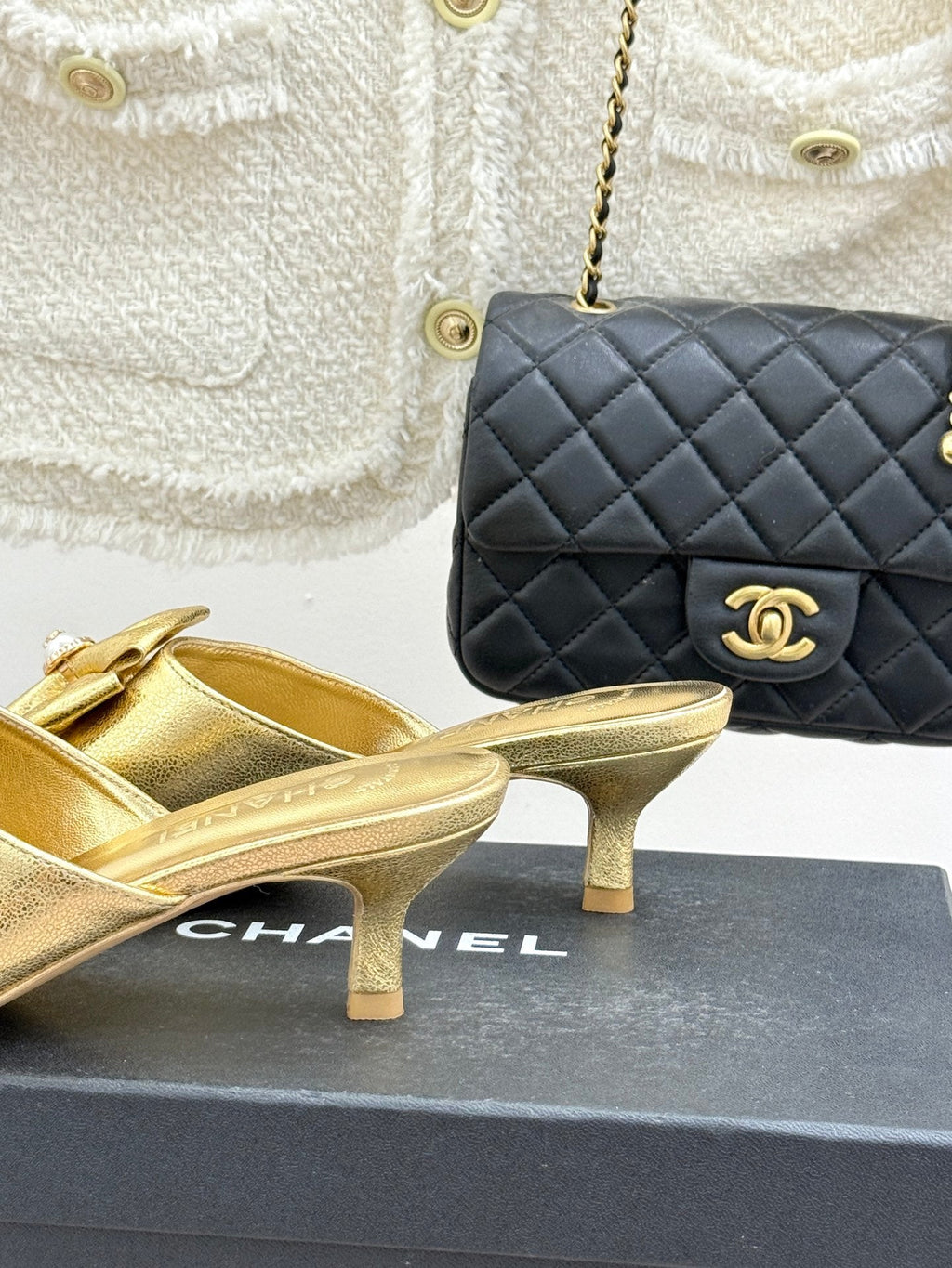 CC 26s Bow Slippers High Heel 35mm Gold Metallic Satin Sheepskin 615746