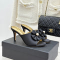 CC 26s Bow Slippers High Heel 75mm Black Satin Sheepskin 615745