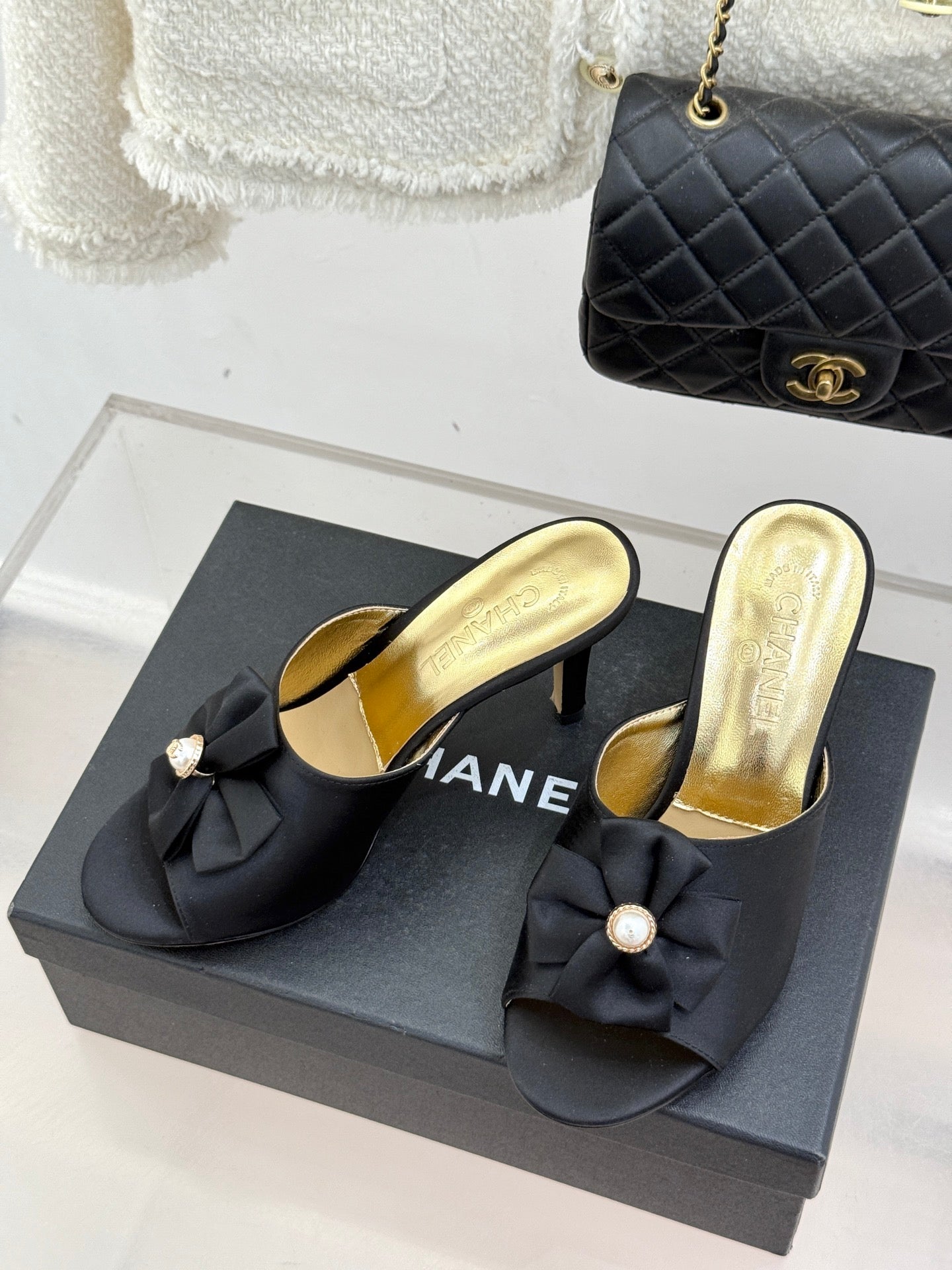 CC 26s Bow Slippers High Heel 75mm Black Satin Sheepskin 615745