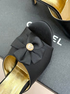 CC 26s Bow Slippers High Heel 75mm Black Satin Sheepskin 615745