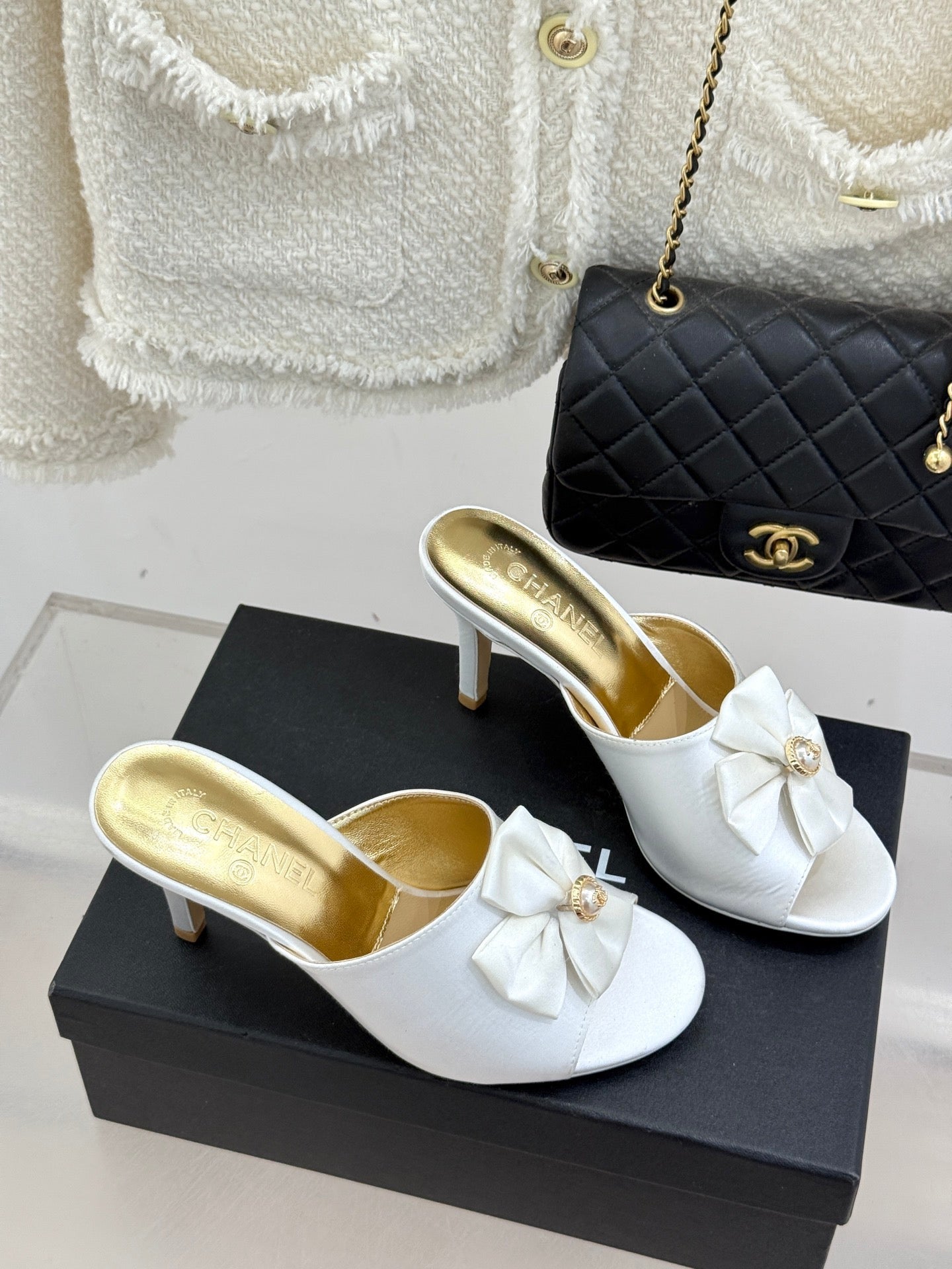 CC 26s Bow Slippers High Heel 75mm White Satin Sheepskin 615744