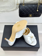 CC 26s Bow Slippers High Heel 75mm White Satin Sheepskin 615744
