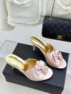 CC 26s Bow Slippers High Heel 75mm Pink Satin Sheepskin 615743