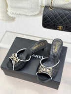 CC Classic Rhinestone Double C Bow Kitten Heel Slippers Black in Cowhide Weaving 615817