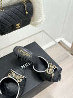 CC Classic Rhinestone Double C Bow Kitten Heel Slippers Black in Cowhide Weaving 615817