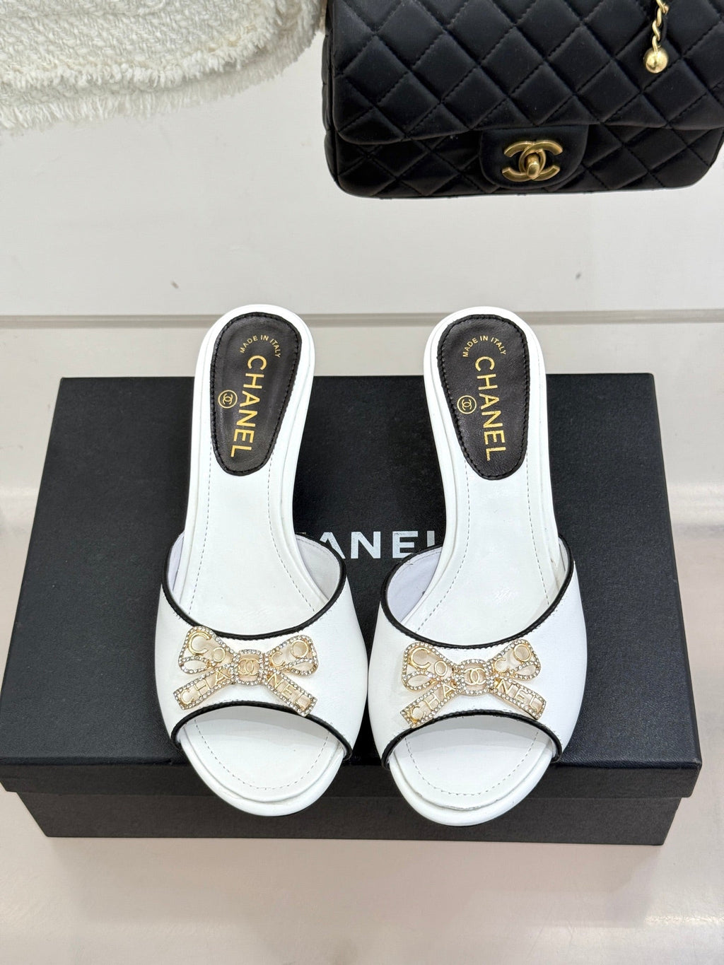 CC Classic Rhinestone Double C Bow Kitten Heel Slippers White in Cowhide 615816