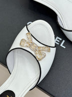 CC Classic Rhinestone Double C Bow Kitten Heel Slippers White in Cowhide 615816