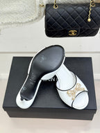 CC Classic Rhinestone Double C Bow Kitten Heel Slippers White in Cowhide 615816