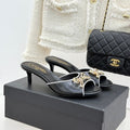 CC Classic Rhinestone Double C Bow Kitten Heel Slippers Black in Cowhide 615815