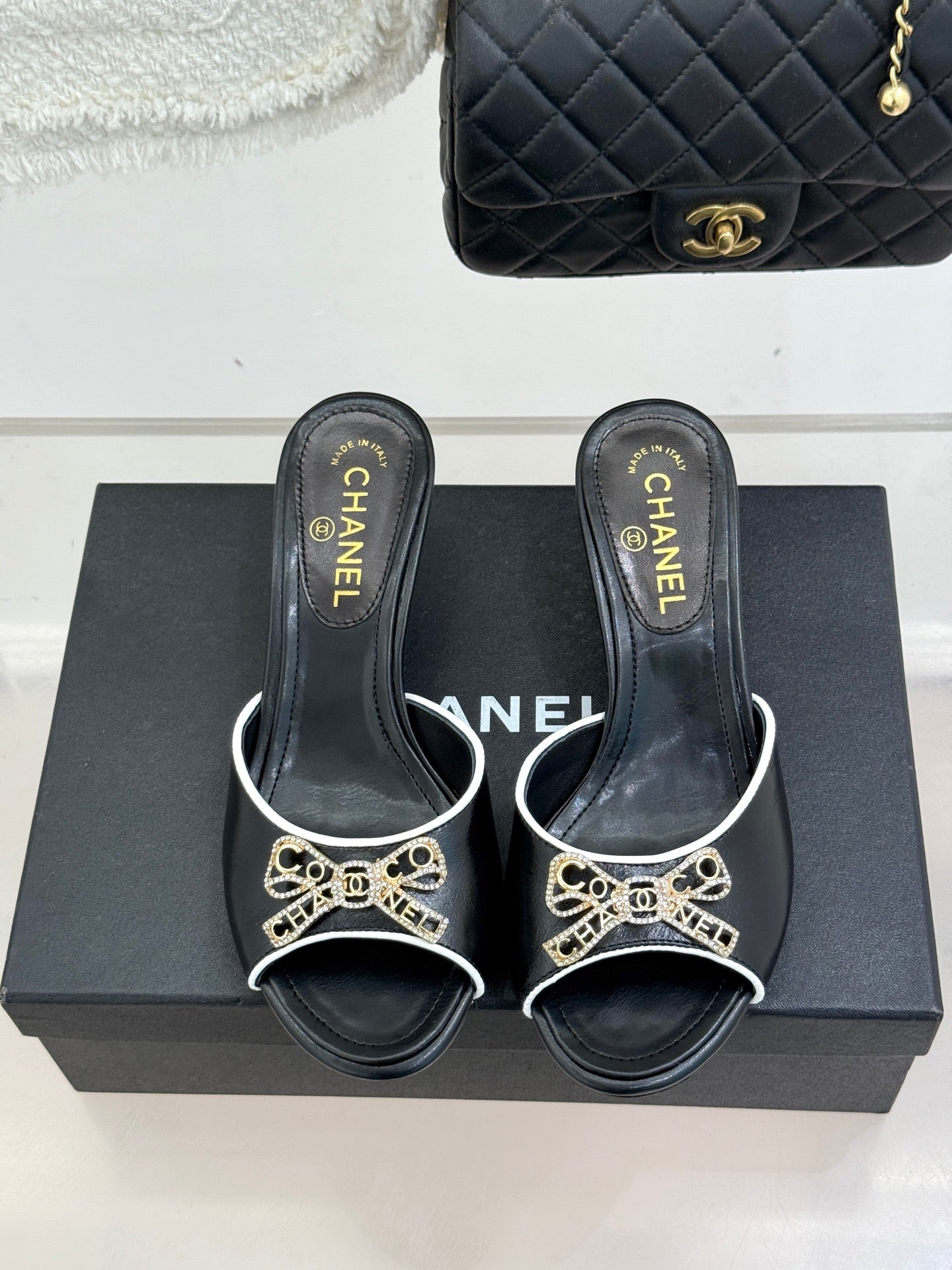 CC Classic Rhinestone Double C Bow Kitten Heel Slippers Black in Cowhide 615815