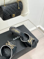 CC Classic Rhinestone Double C Bow Kitten Heel Slippers Black in Cowhide 615815