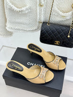 CC Classic Rhinestone Double C Bow Kitten Heel Slippers Beige in Cowhide 615814
