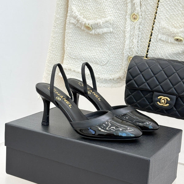 Chanel 26C Open-Back High-Heel Sandals Black in Leather 615703