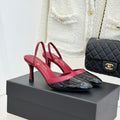 Chanel 26C Open-Back High-Heel Sandals Red Black in Leather 615702