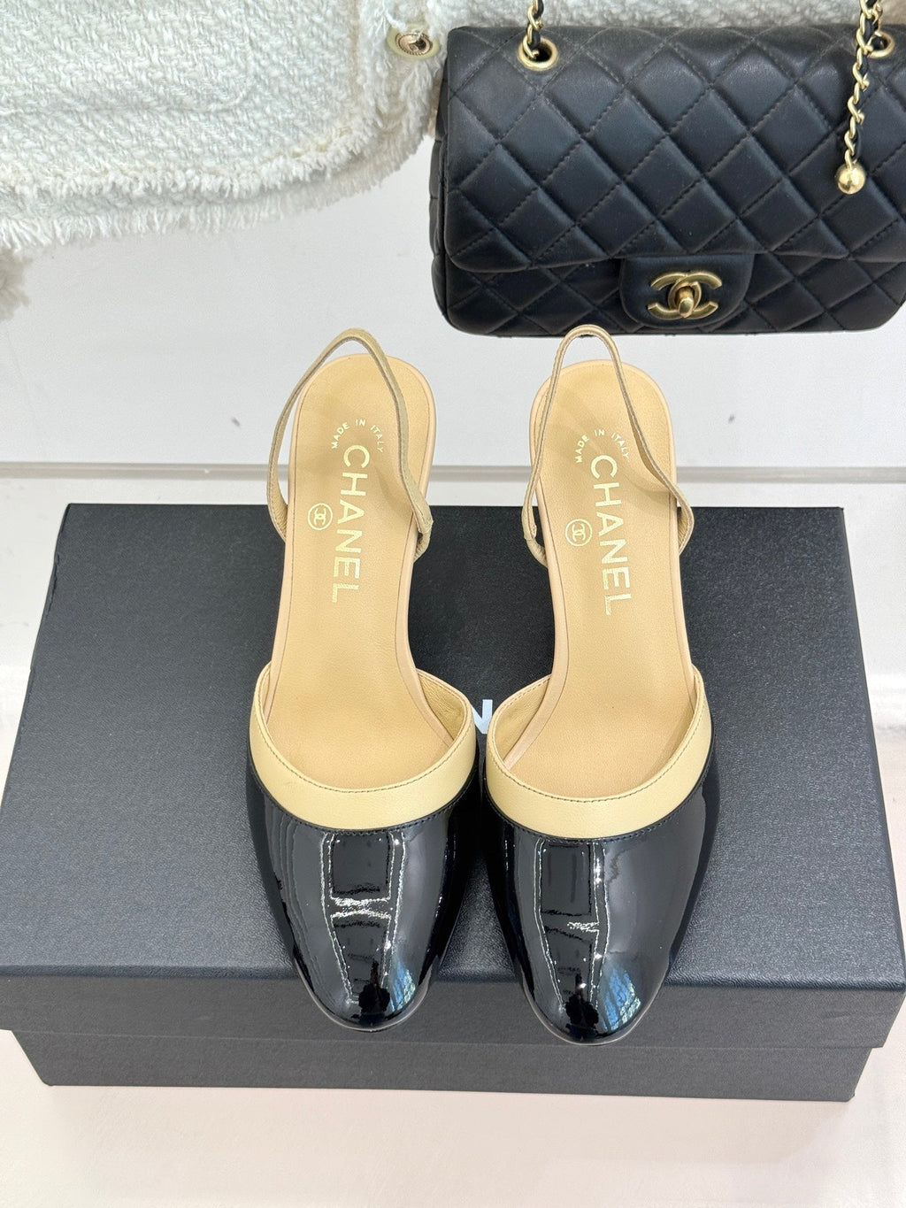 Chanel 26C Open-Back High-Heel Sandals Beige Black in Leather 615701