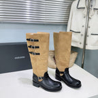 Atelier Edition 26ss Retro Buckled Round Toe Color Block Long Boots Brown Black in Calfskin and Suede