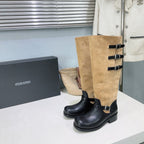 Atelier Edition 26ss Retro Buckled Round Toe Color Block Long Boots Brown Black in Calfskin and Suede