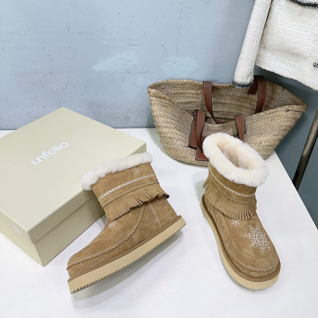 UNFOLIO 26SS Snow Ankel Boots Light Brown in Lambswool and Cow Suede 629523
