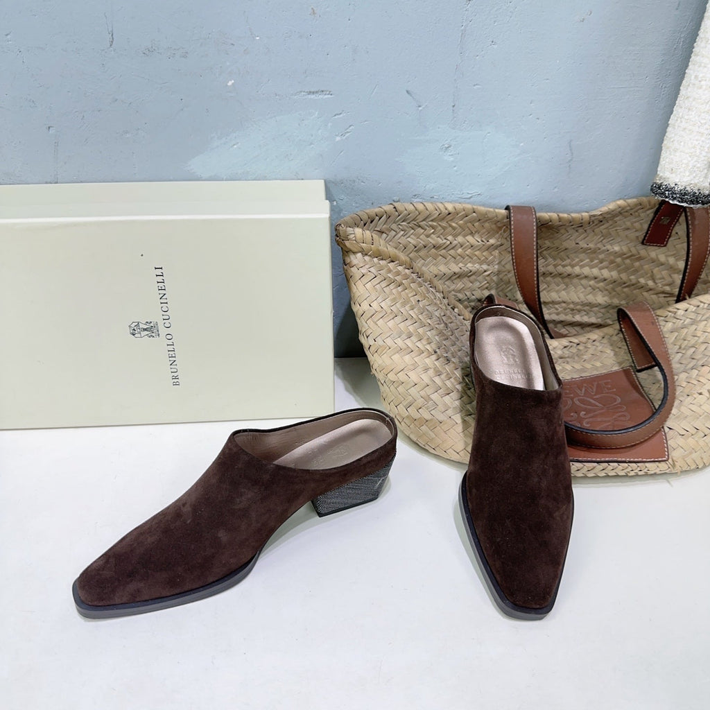 BRUNELLO CUCINELLI 26 Closed-Toe Chunky Heel Mules Dark Brown in Cow Suede 629528