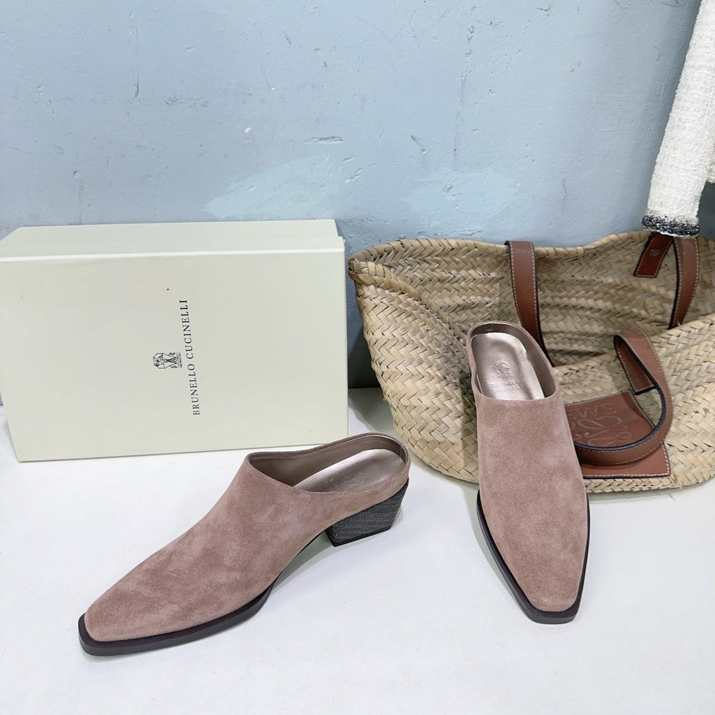 BRUNELLO CUCINELLI 26 Closed-Toe Chunky Heel Mules Pink in Cow Suede 629529