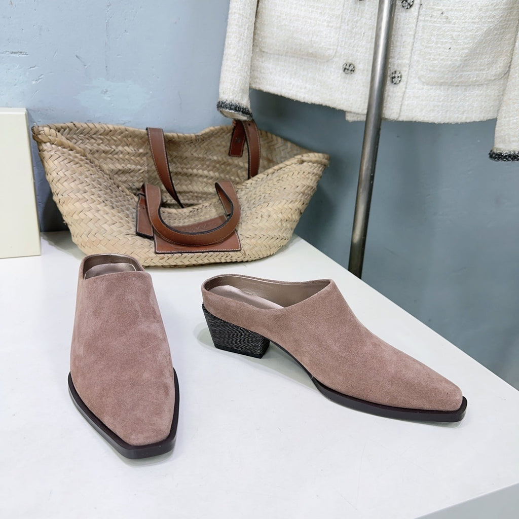 BRUNELLO CUCINELLI 26 Closed-Toe Chunky Heel Mules Pink in Cow Suede 629529
