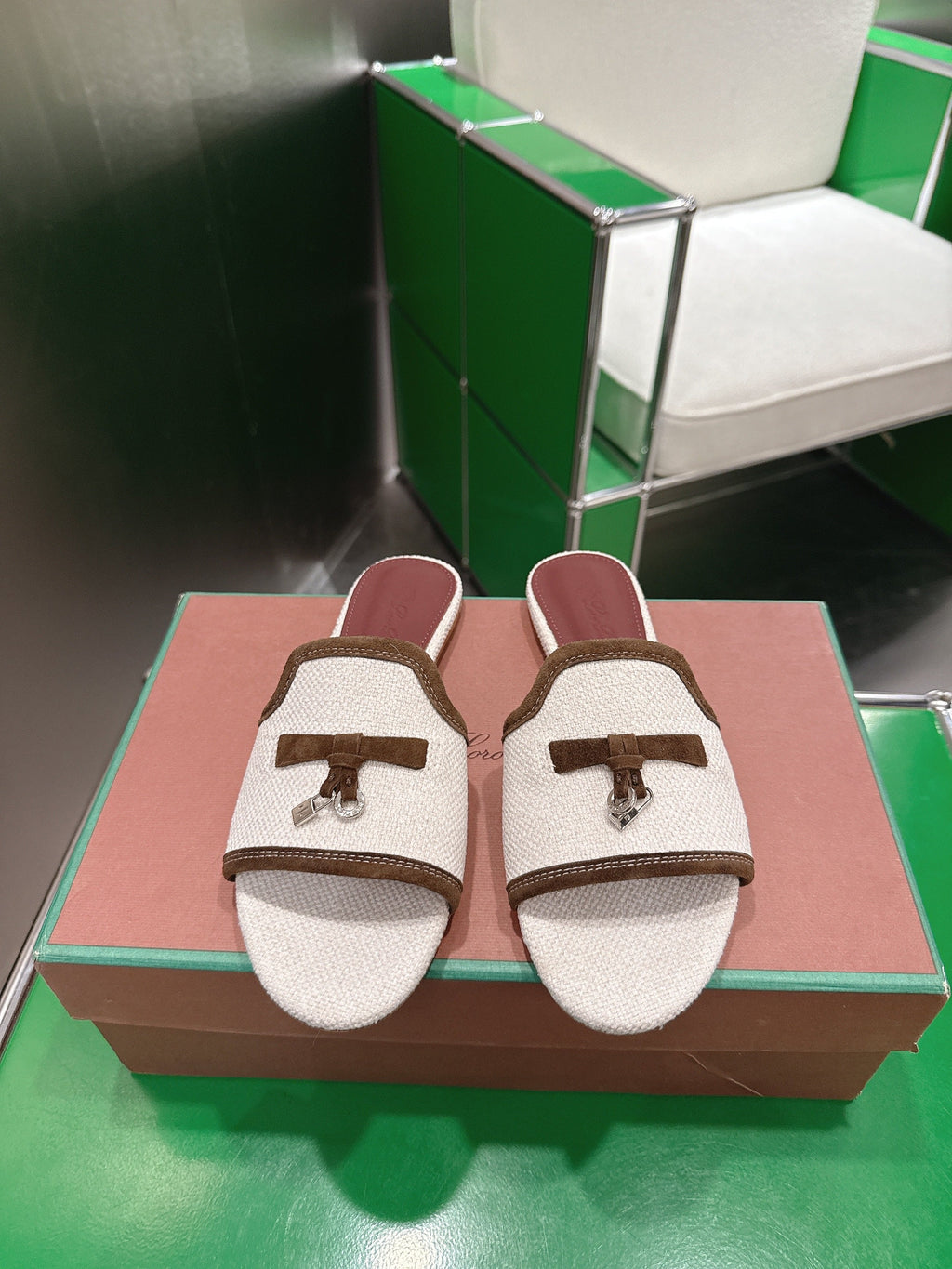Loro Piana 26 Slippers Ivory Brown Wish Sheepskin Fabric 632134